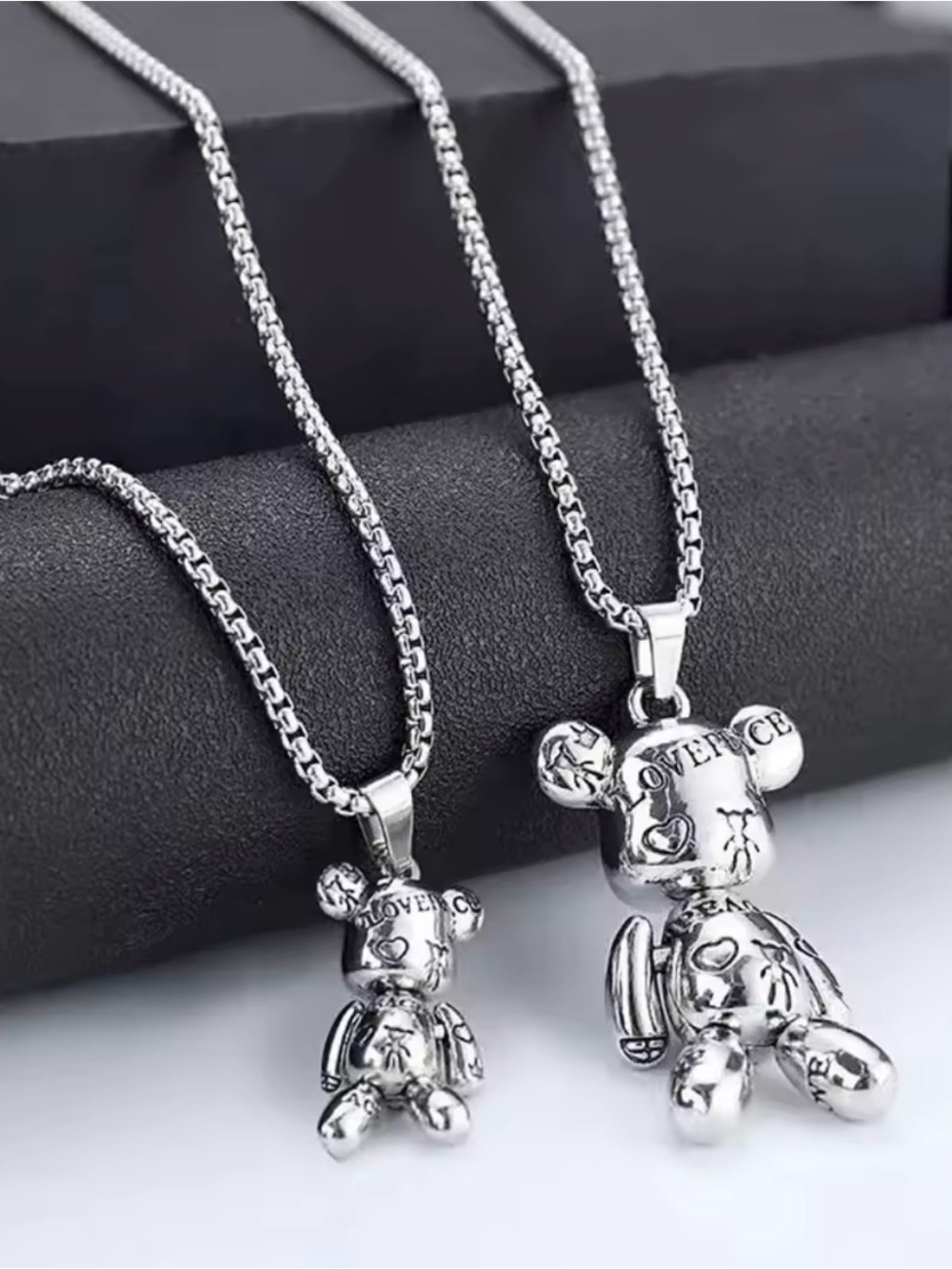 1 Big Bear Silver Teddy Bear Pendant Necklace - Heart & 'LOVE' Engraved